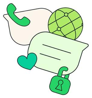 Ilustrasi telepon, bola dunia, gelembung chat, hati, dan gembok